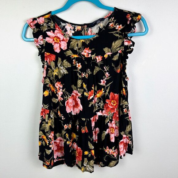 American Eagle Black Floral Short Ruffle Sleeve Blouse Top Peplum Flowy Shirt S - Picture 2 of 8